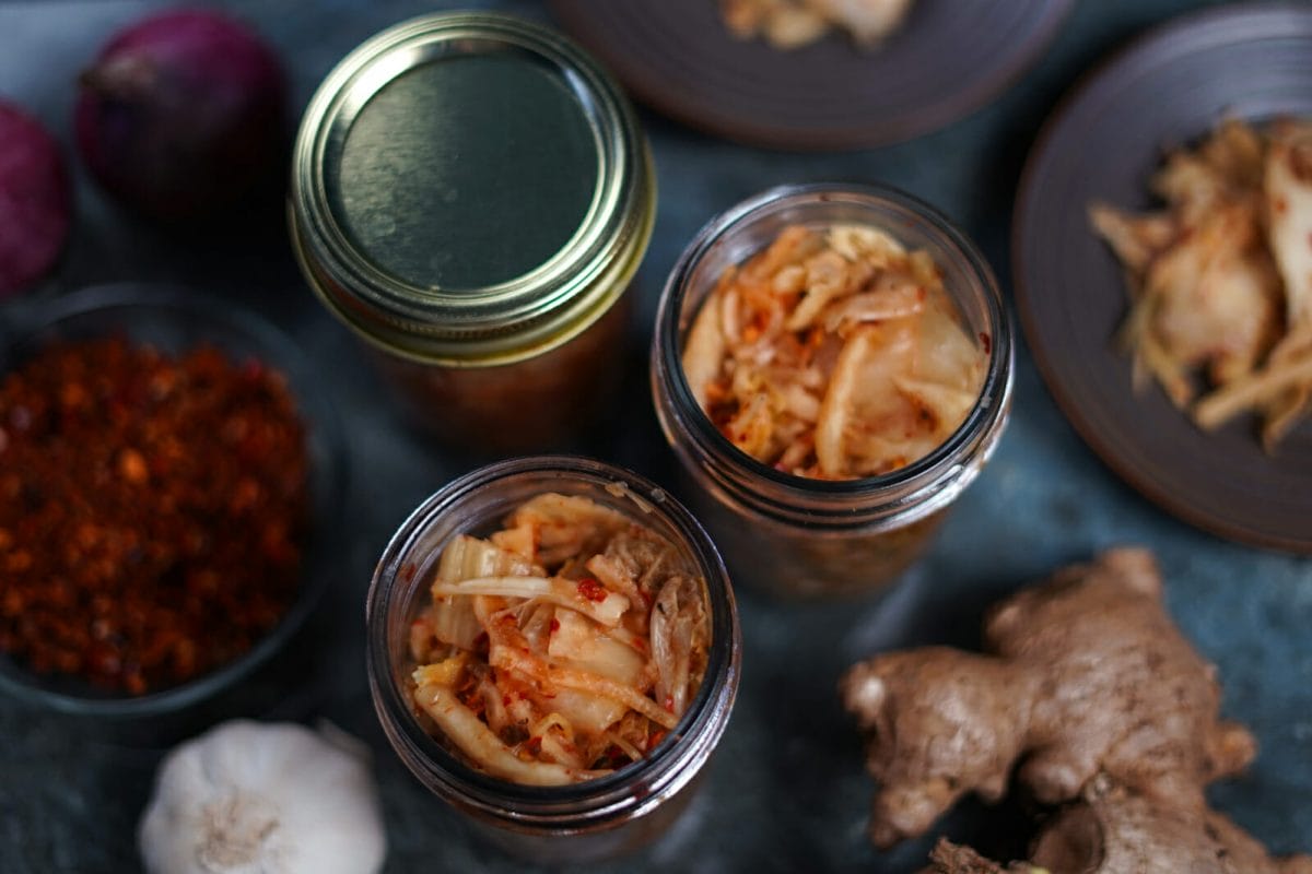 filipino kimchi in jars with vegetables