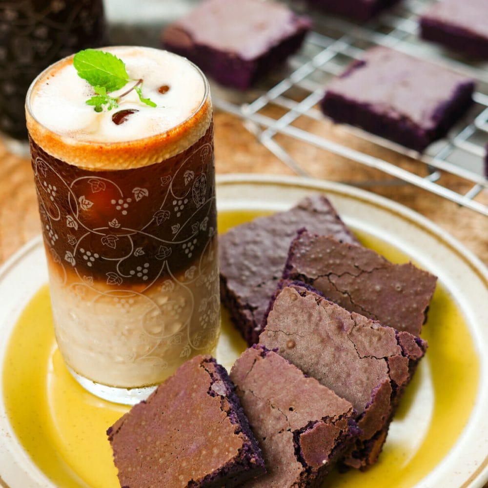 baked ube brownies with drink