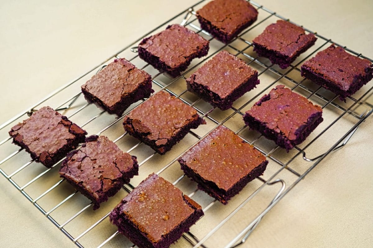 ube brownies on baking tray
