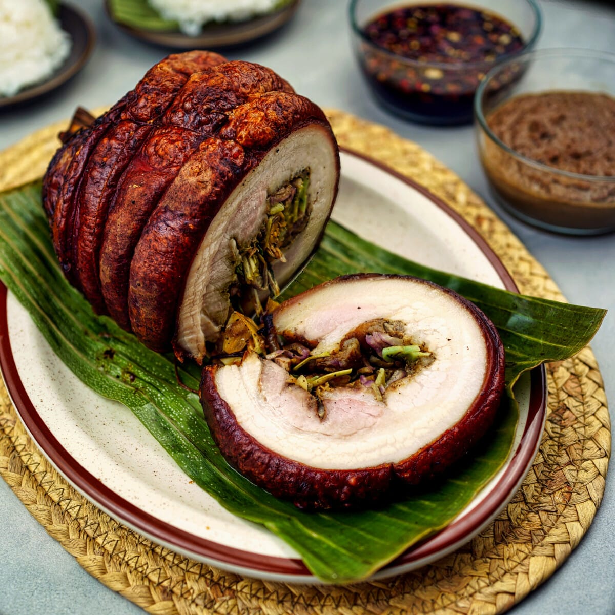 Slice of pork with filling and crispy skin